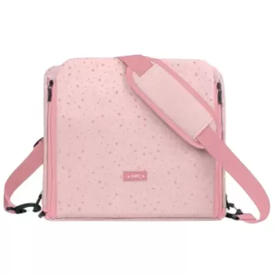 Mala cor-de-rosa clara com padrão de estrelas e alça ajustável