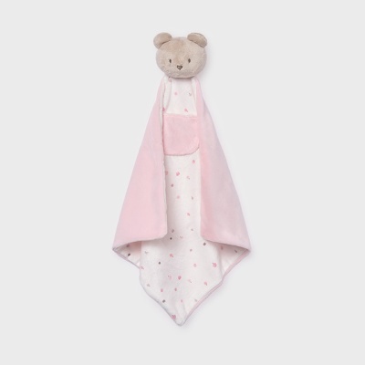 Manta de bebé rosa e branca com peluche de urso