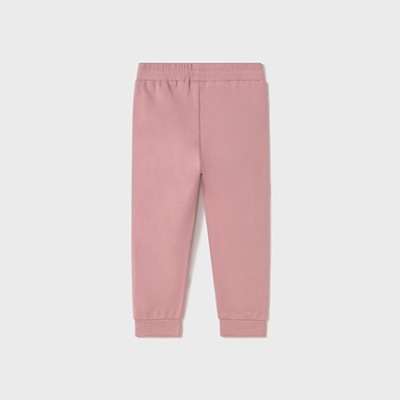 Calças cor de rosa para criança com cós elástico e punhos, em fundo cinzento claro