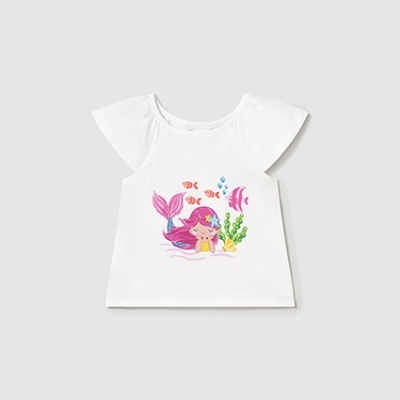 Camisola branca para criança com estampa colorida de sereia e peixes