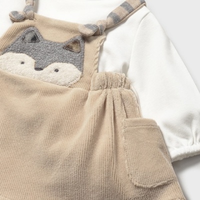 Conjunto infantil vestido veludo cotelê bege com raposa e camisola branca de manga comprida