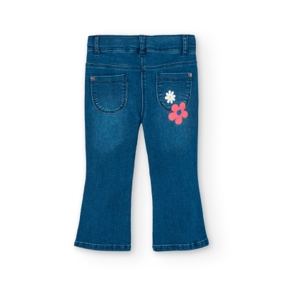 Calças de ganga azuis para criança com flores bordadas nos bolsos traseiros
