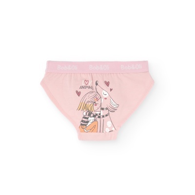 Cuecas rosa com ilustração de menina e cachorro e cintura elástica rosa clara