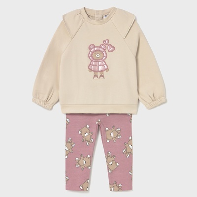 Conjunto infantil bege e rosa com ursinho estampado