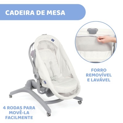 Cadeira de mesa branca com estrutura cinza e 4 rodas