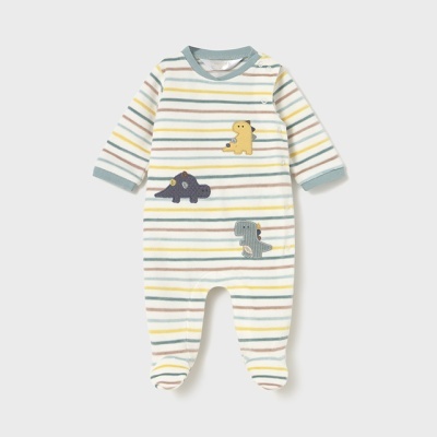 Pijama de bebé às riscas com aplicações de dinossauros