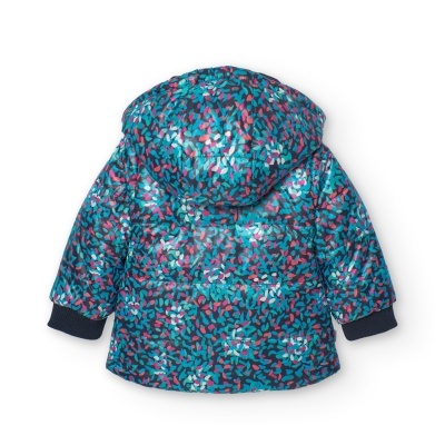 Casaco infantil colorido com padrão azul e rosa e capuz