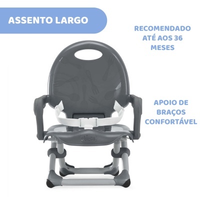 Cadeira de bebé cinzenta com cinto branco e apoios de braços