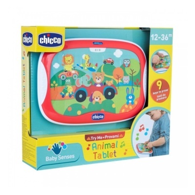 Tablet infantil Chicco com moldura vermelha e ecrã colorido de animais, embalagem azul e amarela