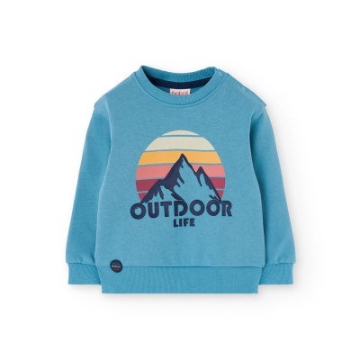 Sweatshirt azul com estampado de montanha e texto Outdoor Life