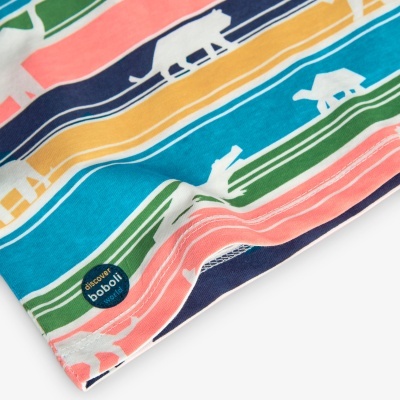 tecido colorido com riscas e animais brancos, etiqueta discover boboli