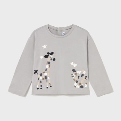 Camisola cinzenta de criança com girafa e gato ilustrados