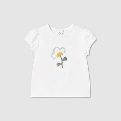 T-shirt branca de bebé com bordado de flor colorida