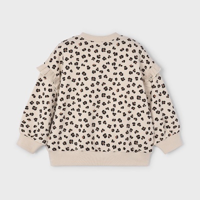 Sweatshirt infantil bege com padrão de manchas e detalhes de folhos no ombro