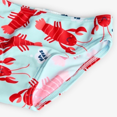 Calcinha de banho azul claro com padrão de lagostas vermelhas e rosa