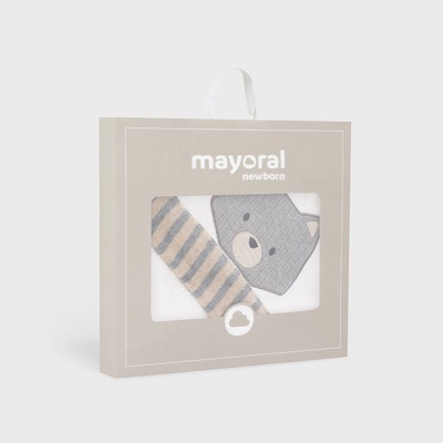 Conjunto para recém-nascido Mayoral com rosto de urso e faixa às riscas em embalagem cinza