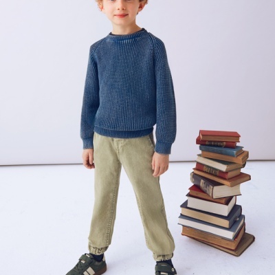 Criança vestindo camisola azul, calças bege e sapatilhas verdes, com pilha de livros ao lado