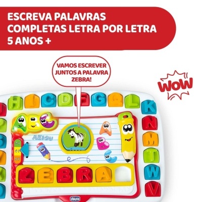 Brinquedo educativo com letras coloridas e desenho de zebra