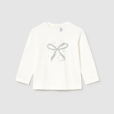 Camisola branca de manga comprida com laço cinzento estampado