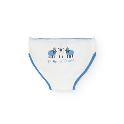 Cueca branca com contornos azuis e estampa de ovelhas com texto