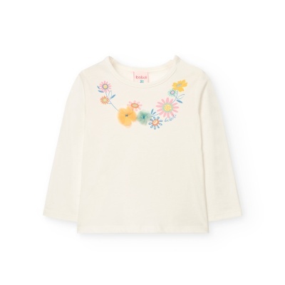 Camisola infantil branca com flores coloridas no decote