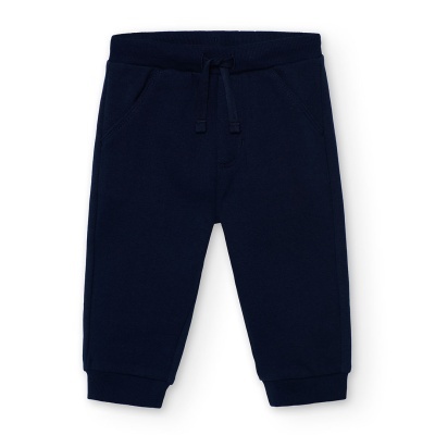 Calças de bebé azuis escuras com cós elástico e punhos nos tornozelos