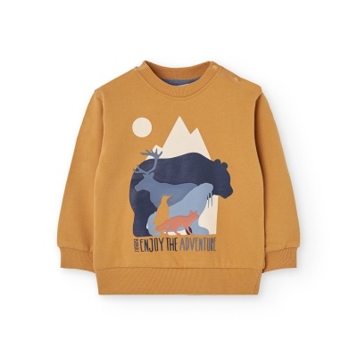 Sweatshirt mostarda com estampado de animais, montanhas e texto