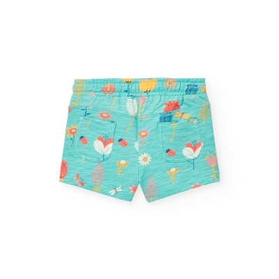 Calções de criança azul-turquesa com flores coloridas e cós elástico