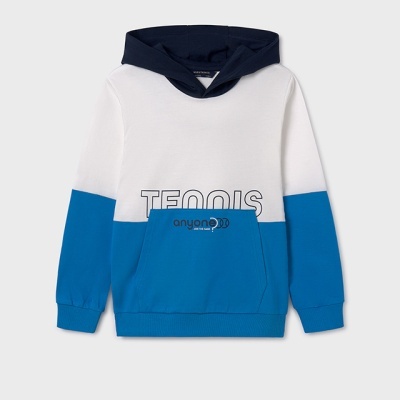 Sweatshirt com capuz azul branco e preto com texto impresso