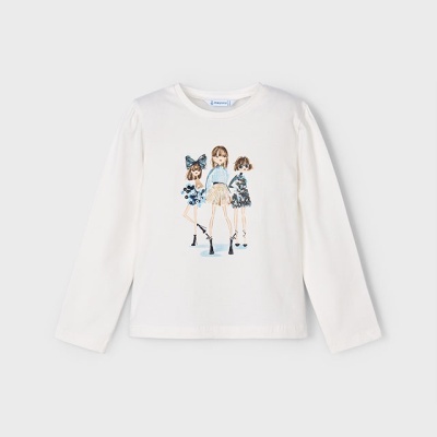 Camisola branca de manga comprida para criança com ilustração de três meninas