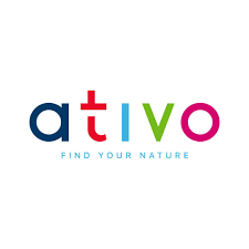 Logotipo colorido com o texto 'ativo' e 'FIND YOUR NATURE' num fundo branco