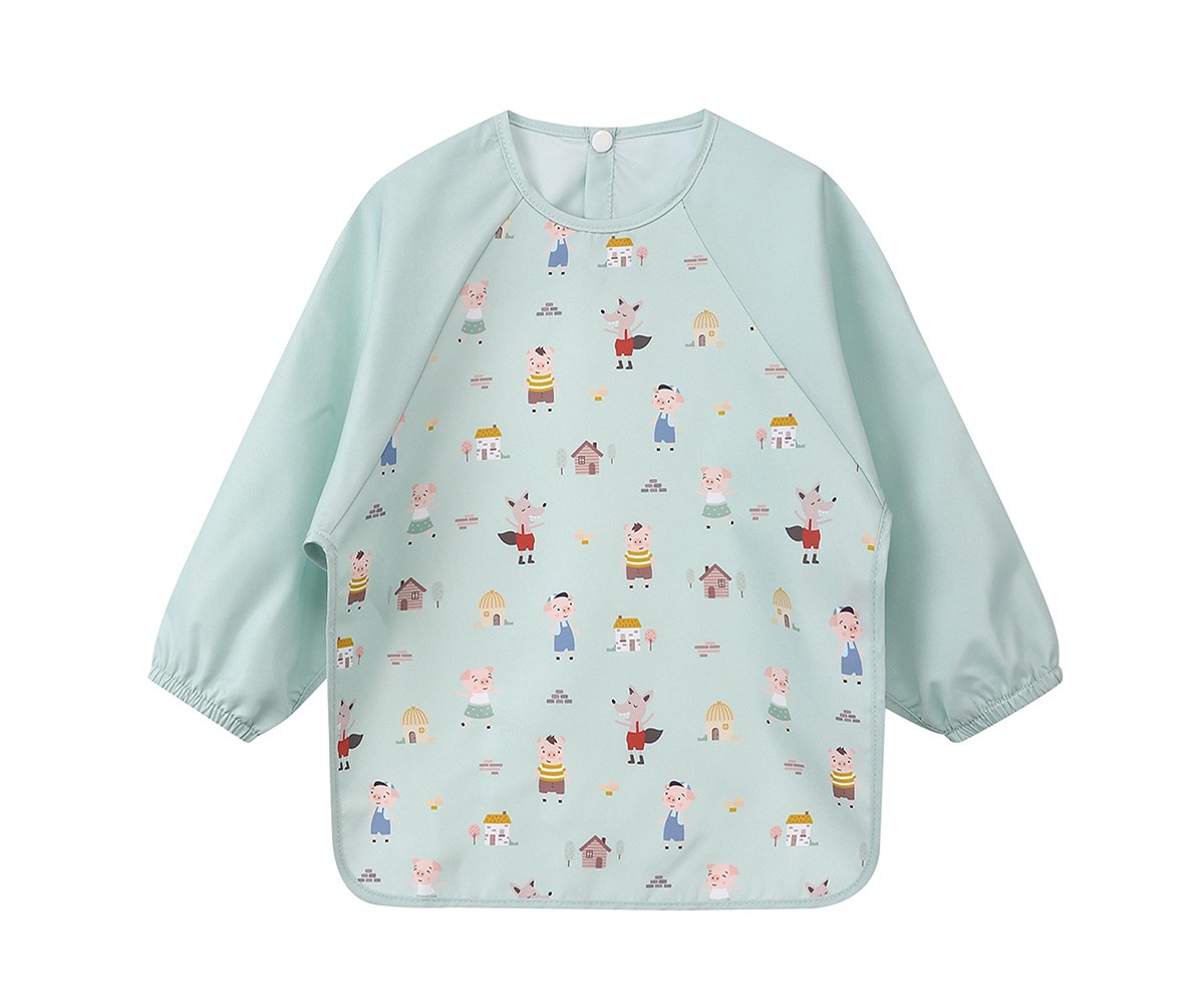 Babete com Mangas 3 porquinhos Babete impermeável verde água com personagens dos Três Porquinhos