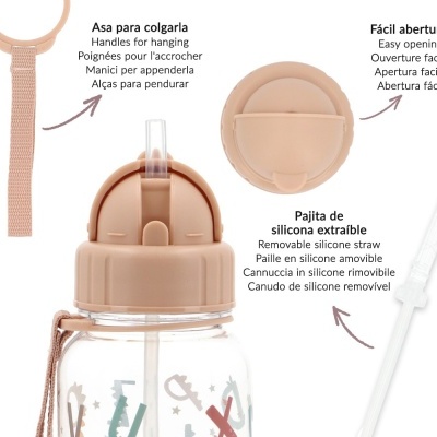 Garrafa transparente com tampa rosa clara e alça para pendurar