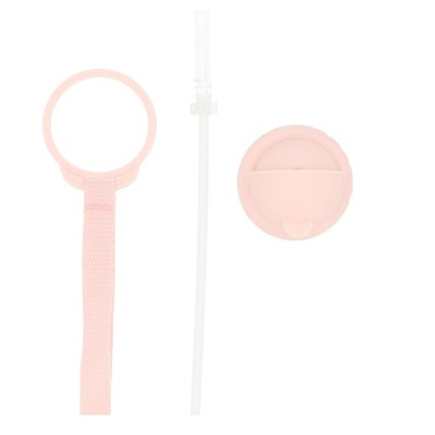 Conjunto de acessórios rosa claro com anel, tubo e tampa sobre fundo branco