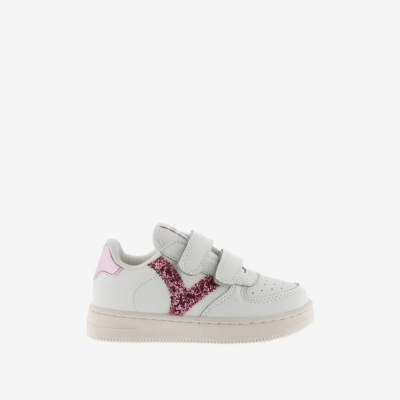 Sapatilha infantil branca com detalhes rosa e fecho de velcro