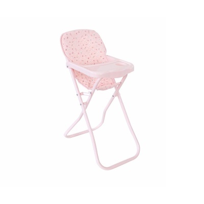 Cadeira alta para bebé rosa com padrão de flores e tabuleiro