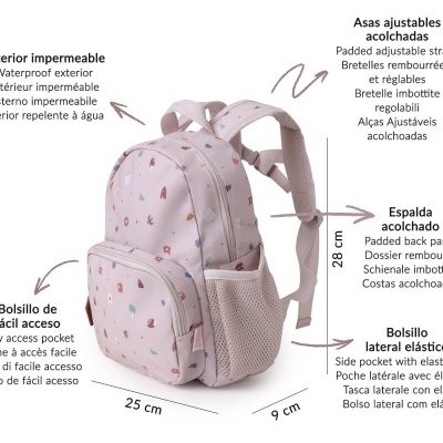 mochila rosa com padrões coloridos e vários bolsos
