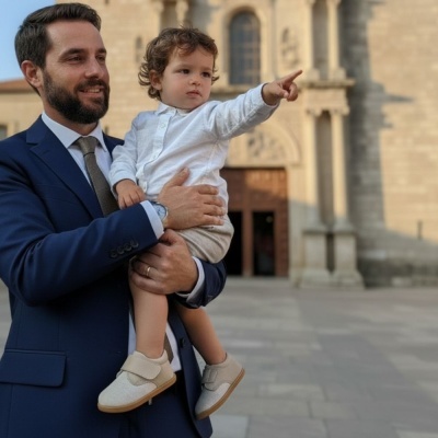 Homem com fato azul segurando criança vestida de branco e cinza em frente a edifício histórico