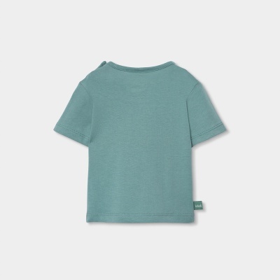 T-shirt azul esverdeado de manga curta para criança vista de costas.