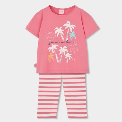 Conjunto infantil rosa com t-shirt de palmeiras e leggings de riscas