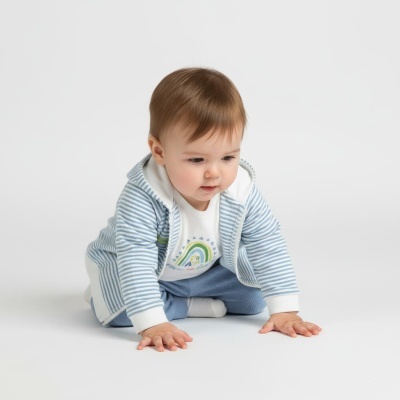 Bebé com casaco às riscas, t-shirt arco-íris e calças azuis sentado no chão