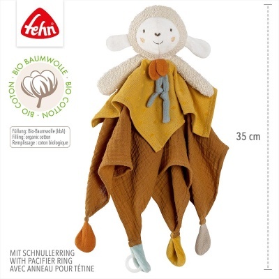 Brinquedo de pelúcia ovelha com corpo de tecido amarelo e castanho e anel para chucha