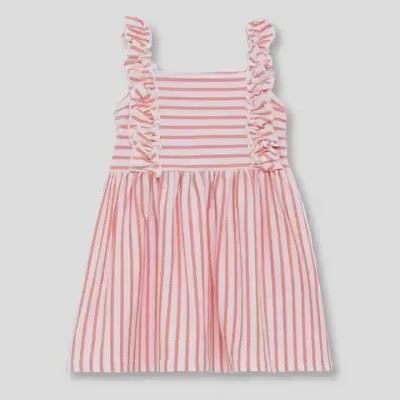 Vestido infantil riscas rosa e branco com folhos