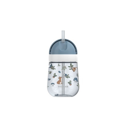 Garrafa transparente com tampa azul e ilustrações de animais e plantas