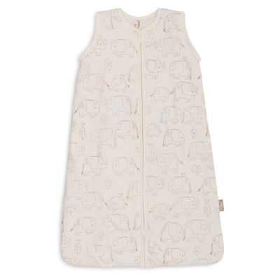 Saco de dormir creme com estampado de elefantes em tons castanhos e cinza