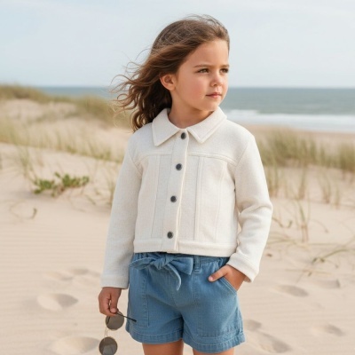 Criança na praia com casaco branco e calções azuis