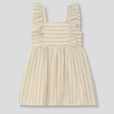 vestido infantil bege com riscas e folhos