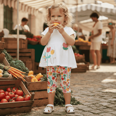 Criança pequena a comer uma laranja em mercado com roupa colorida e branca.