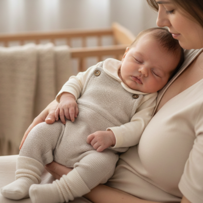 Bebé a dormir vestido com macacão de malha bege nos braços de mulher com camisola creme ao lado de berço de madeira