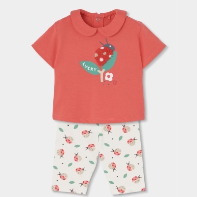 Conjunto infantil t-shirt coral e leggings brancas com estampado de joaninhas